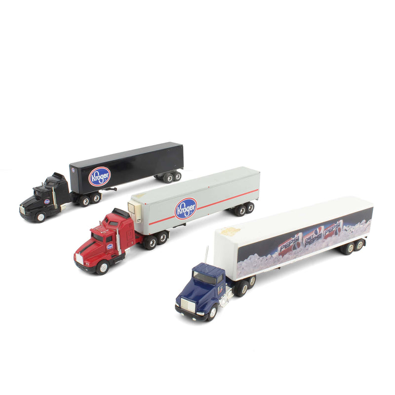 Lot of (3) 1/64 Semi Trucks with (2) Box Trailers and (1) Refrigerated Box Trailer