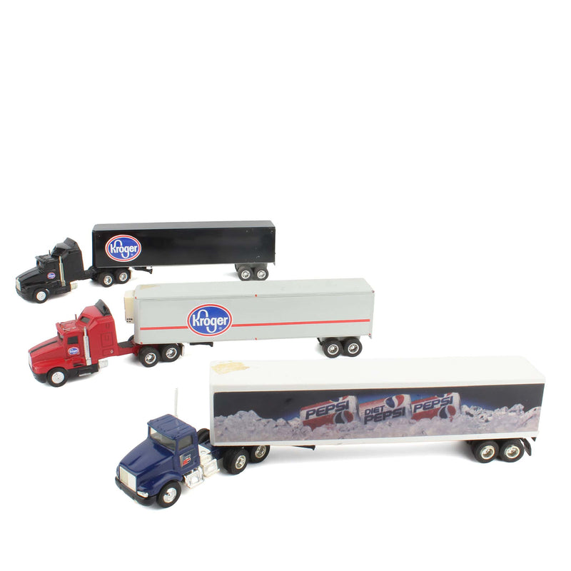 Lot of (3) 1/64 Semi Trucks with (2) Box Trailers and (1) Refrigerated Box Trailer