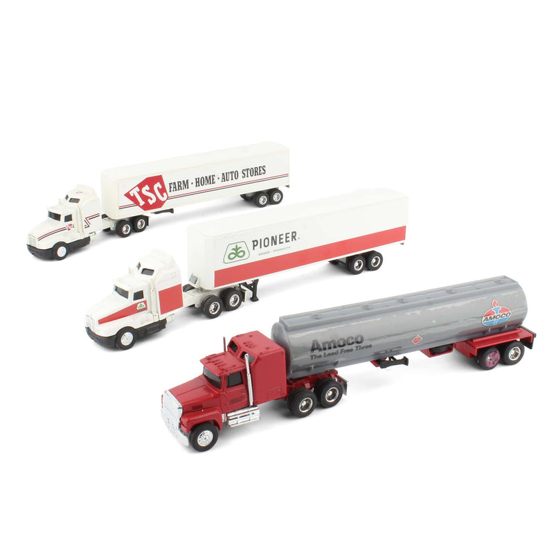 Lot of (2) 1/64 Semis with Box Trailers and (1) 1/64 Semi with Tanker