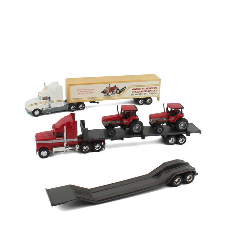 Lot of (2) 1/64 International Semis, (2) Case IH 7250 Tractors, (1) Box Trailer, (1) Flatbed Trailer, and (1) Lowboy Trailer
