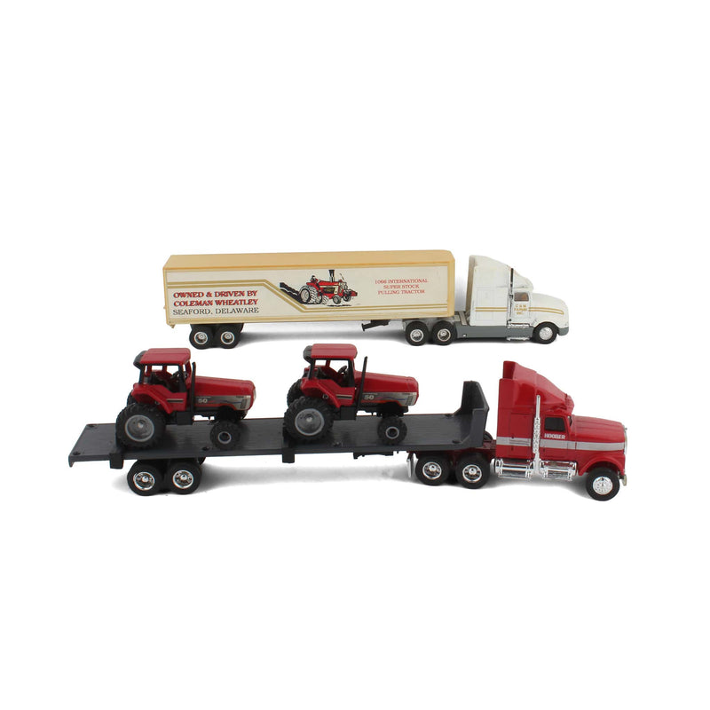 Lot of (2) 1/64 International Semis, (2) Case IH 7250 Tractors, (1) Box Trailer, (1) Flatbed Trailer, and (1) Lowboy Trailer