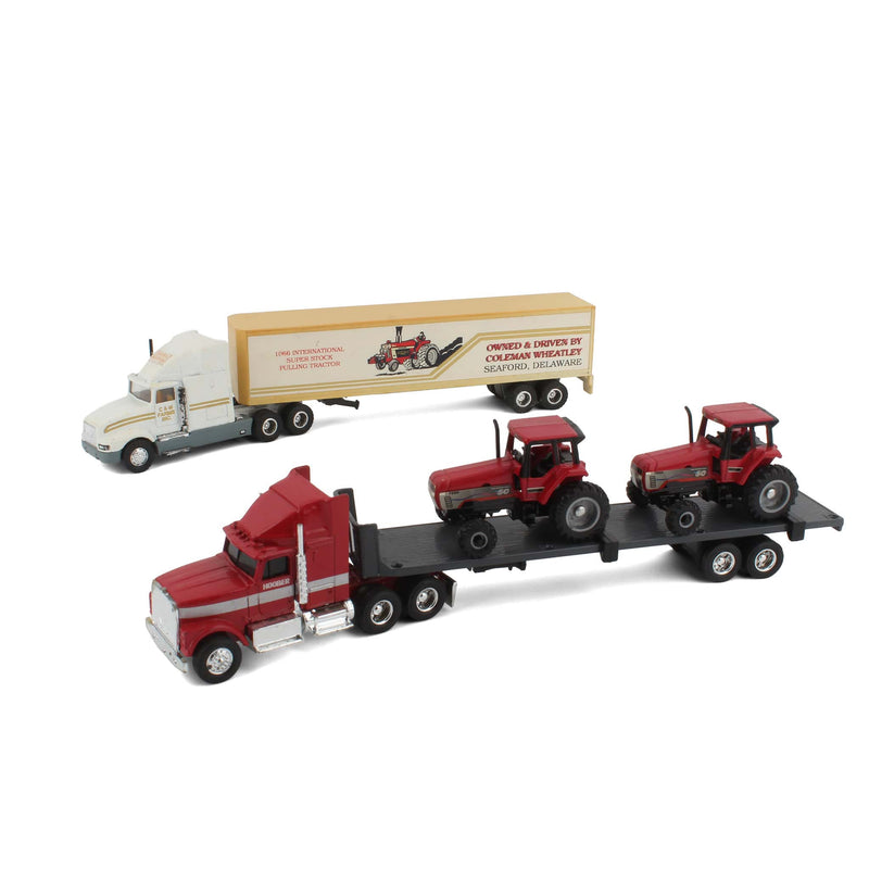 Lot of (2) 1/64 International Semis, (2) Case IH 7250 Tractors, (1) Box Trailer, (1) Flatbed Trailer, and (1) Lowboy Trailer