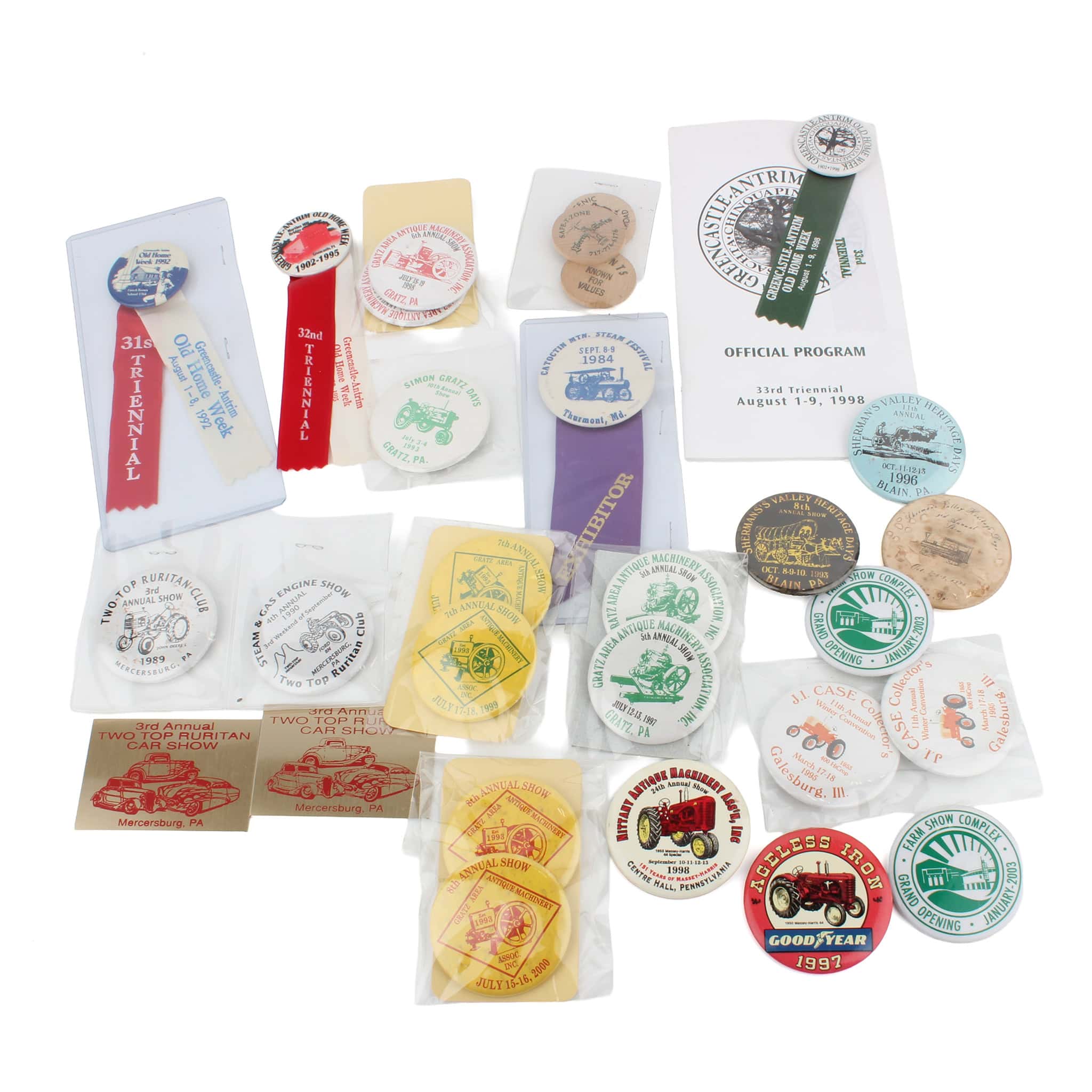 Lot of (24) Collector Pins, (2) Metal Plates, and (3) Wooden Nickels ...