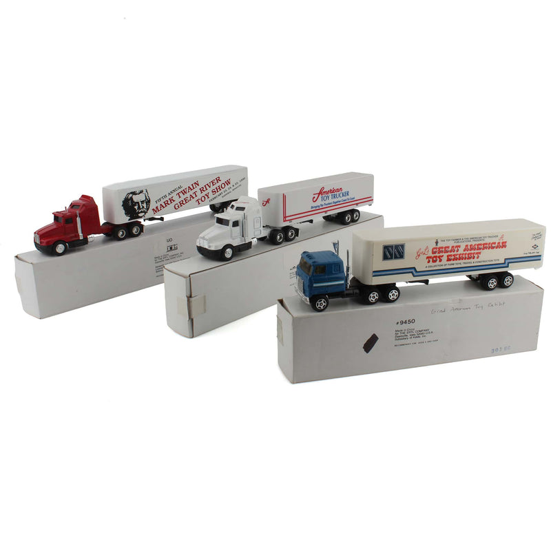 Lot of (1) 1/64 American Toy Trucker Semi, (1) 1/64 Great American Toy Exhibit Semi, and (1) 1/64 Mark Twain Great River Toy Show Semi