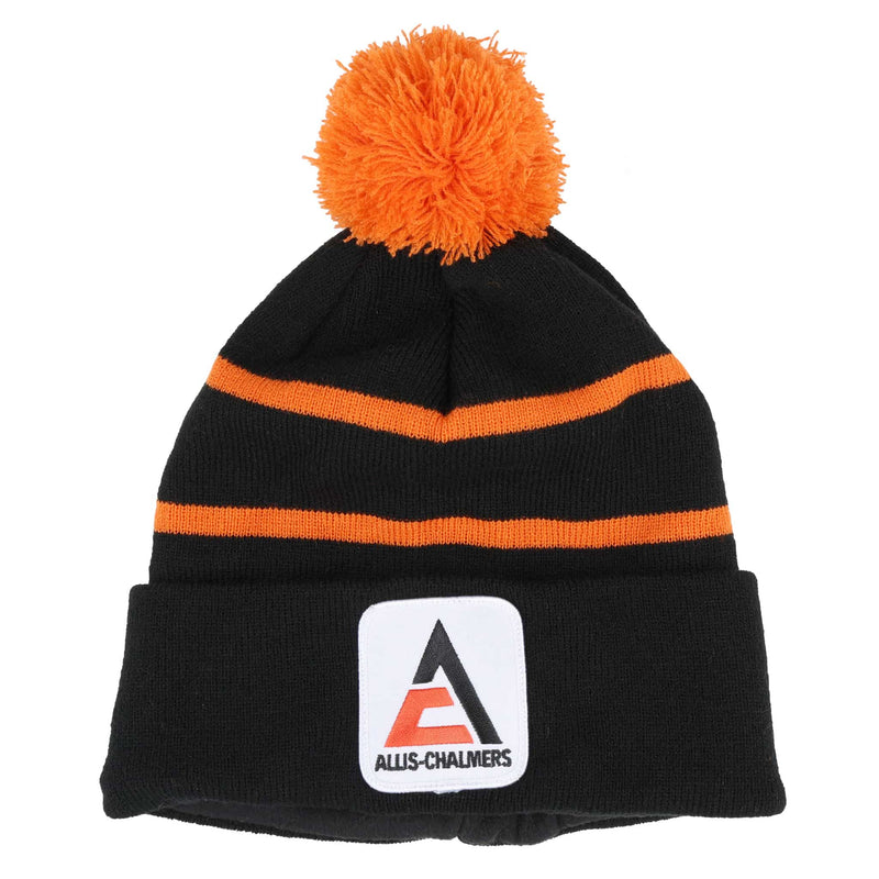 Allis Chalmers Black Knit Beanie Hat with Orange Stripes & Pom-Pom