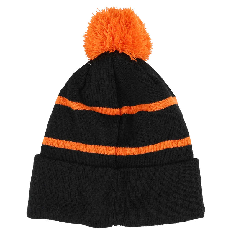 Allis Chalmers Black Knit Beanie Hat with Orange Stripes & Pom-Pom