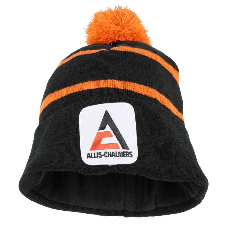 Allis Chalmers Black Knit Beanie Hat with Orange Stripes & Pom-Pom