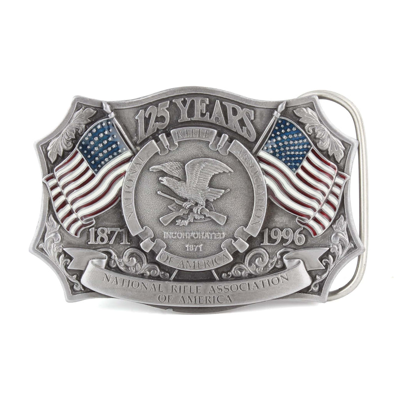 Vintage NRA 125 Years 1871-1996 Silver Belt Buckle with American Flags