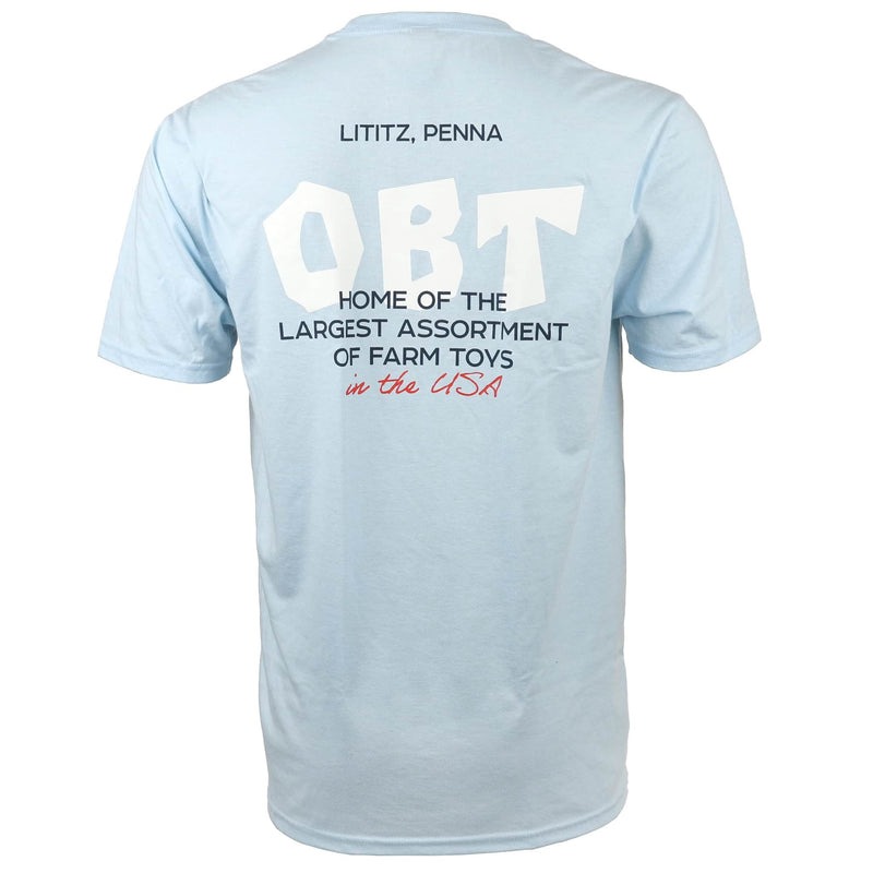 Men's Outback Toys T-Shirt, Blue "Home of the Largest Assortment of Farm Toys"