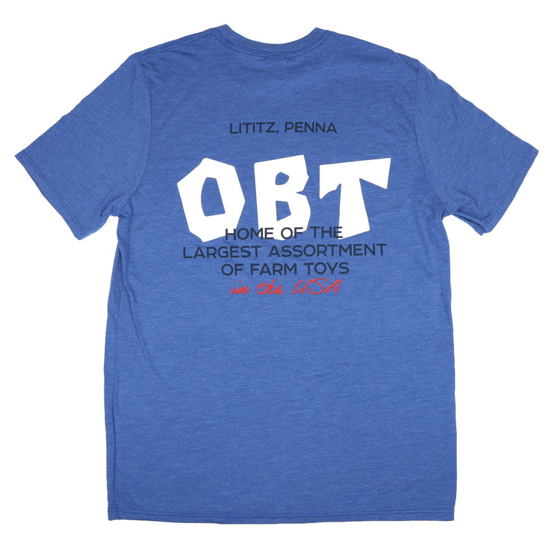 Youth Outback Toys T-Shirt, Blue "Home of the Largest Assortment of Farm Toys"