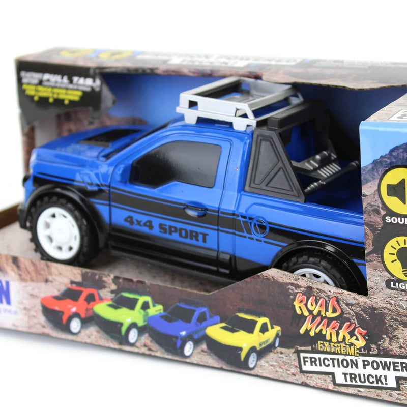 Road Marks Blue Off Road Pickup Truck-Friction Powered
