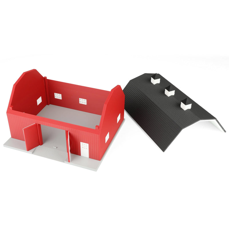 1/64 Hip Roof Barn in Barn Red with White Trim & Shingled Roof, 3D Printed