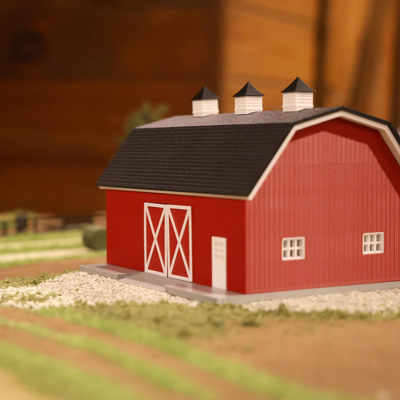 1/64 Hip Roof Barn in Barn Red with White Trim & Shingled Roof, 3D Printed