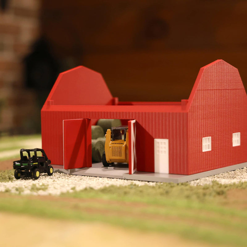 1/64 Hip Roof Barn in Barn Red with White Trim & Shingled Roof, 3D Printed