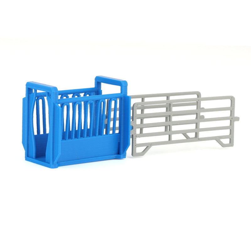 1/64 Blue Cattle Squeeze Chute with Corral Panels by REVD Toys, 3D Printed