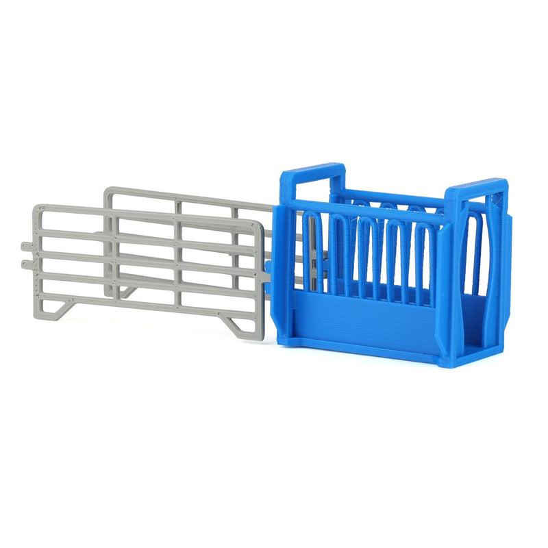 1/64 Blue Cattle Squeeze Chute with Corral Panels by REVD Toys, 3D Printed