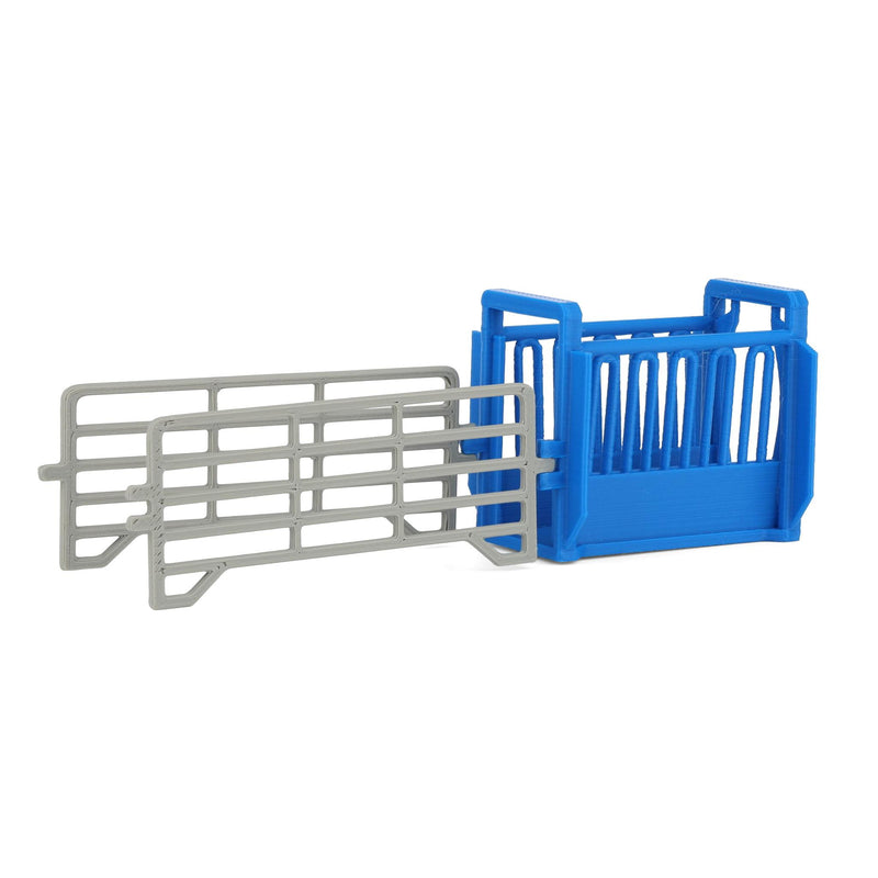 1/64 Blue Cattle Squeeze Chute with Corral Panels by REVD Toys, 3D Printed