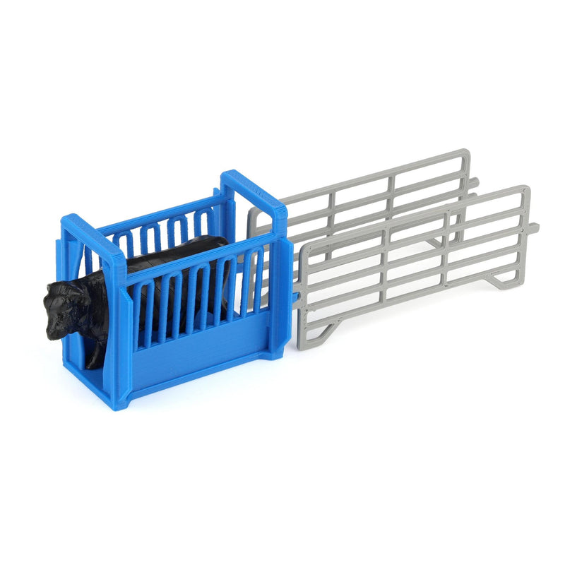 1/64 Blue Cattle Squeeze Chute with Corral Panels by REVD Toys, 3D Printed