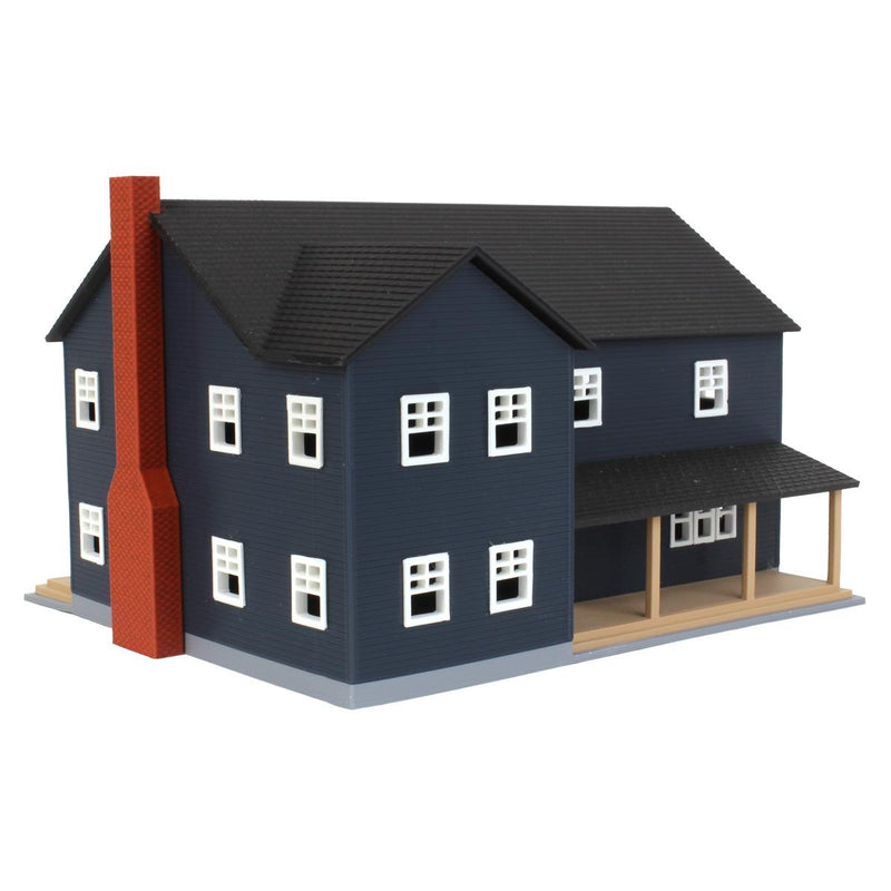 (B&D) 1/64 Large Two Story Farm House with Porch, Deck and Chimney, Navy and White, 3D Printed - Damaged Item