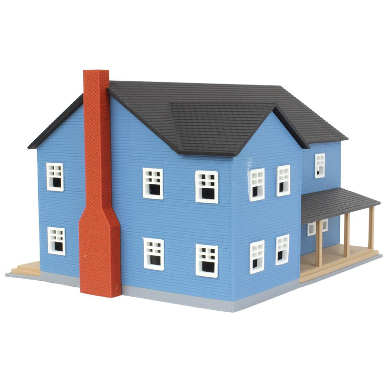 (B&D) 1/64 Large Two Story Farm House with Porch, Deck and Chimney, Blue/White, 3D Printed - Damaged Item