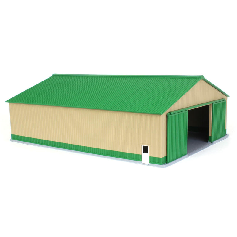 (B&D) 1/64 "The Professional" Tan/Green 60ft x 80ft Machine & Farm Shed with Sliding Doors, 3D Printed - Damaged Item