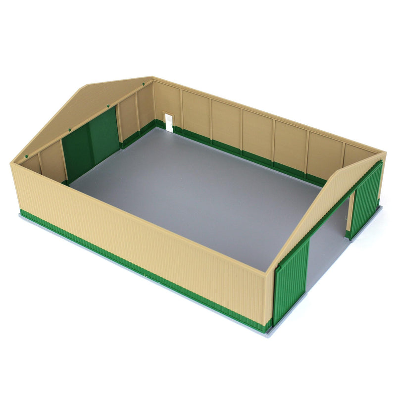 (B&D) 1/64 "The Professional" Tan/Green 60ft x 80ft Machine & Farm Shed with Sliding Doors, 3D Printed - Damaged Item