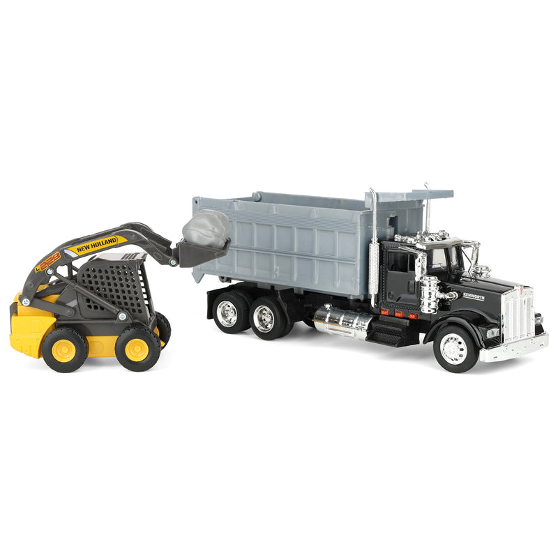 1/43 New Holland Construction Toy Set with Kenworth Dump Truck & New Holland Skid Steer by New Ray Toys