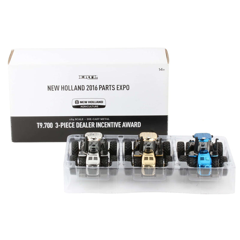 1/64 2016 New Holland Parts Expo T9.700 3 Piece Dealer Incentive Award Tractors by ERTL, Blue, Gold & Silver Chrome