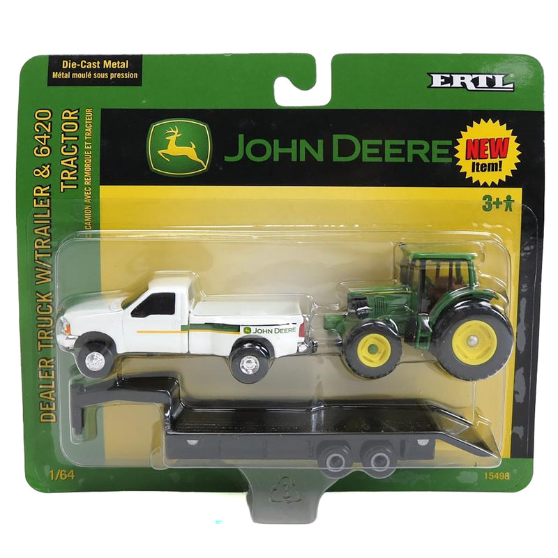 1/64 John Deere Dealership Dually Pickup with 6420 Tractor & Tandem Axle Flatbed Trailer by ERTL
