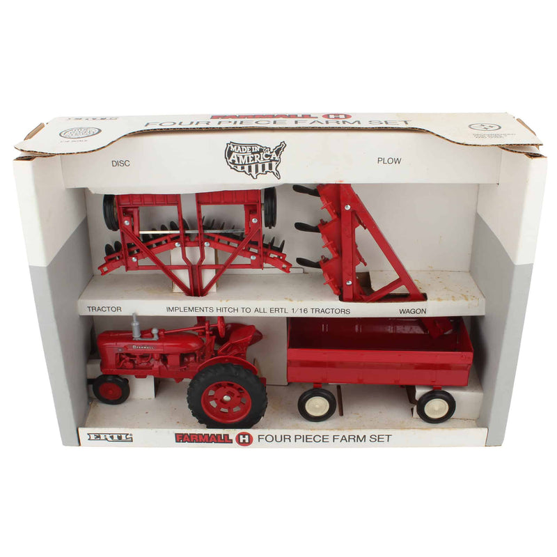 1/16 IH Farmall H 4-Piece Farm Toy Set with Tractor, Disc, 3 Bottom Plow, & Wagon by ERTL