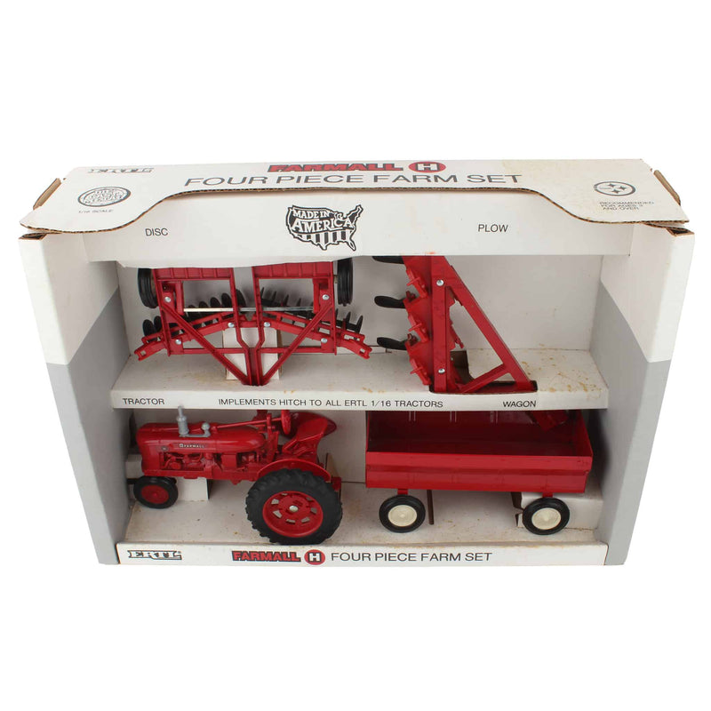 1/16 IH Farmall H 4-Piece Farm Toy Set with Tractor, Disc, 3 Bottom Plow, & Wagon by ERTL