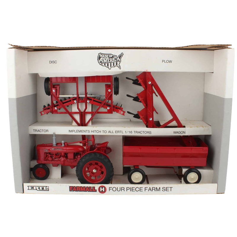 1/16 IH Farmall H 4-Piece Farm Toy Set with Tractor, Disc, 3 Bottom Plow, & Wagon by ERTL