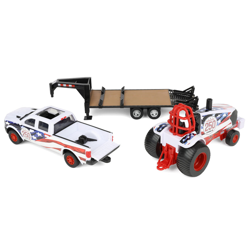 1/32 Case IH Stars & Stripes Pulling Tractor with Pickup Truck & Gooseneck Trailer by ERTL, USA 250