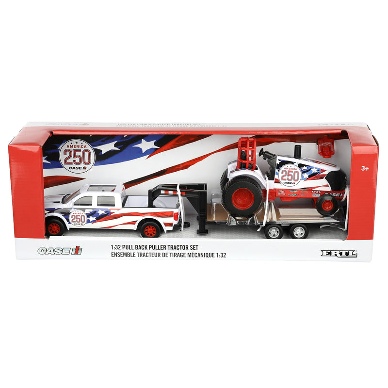 1/32 Case IH Stars & Stripes Pulling Tractor with Pickup Truck & Gooseneck Trailer by ERTL, USA 250