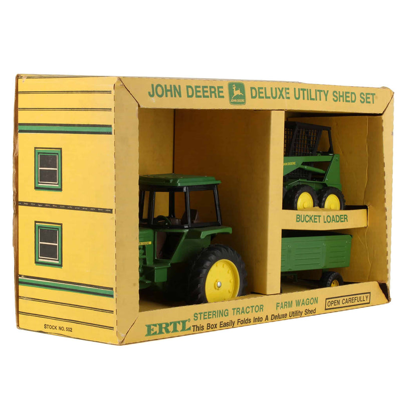 1/16 John Deere 3 Piece Set Includes Tractor, Loader, and Wagon, with Deluxe Utility Shed by ERTL
